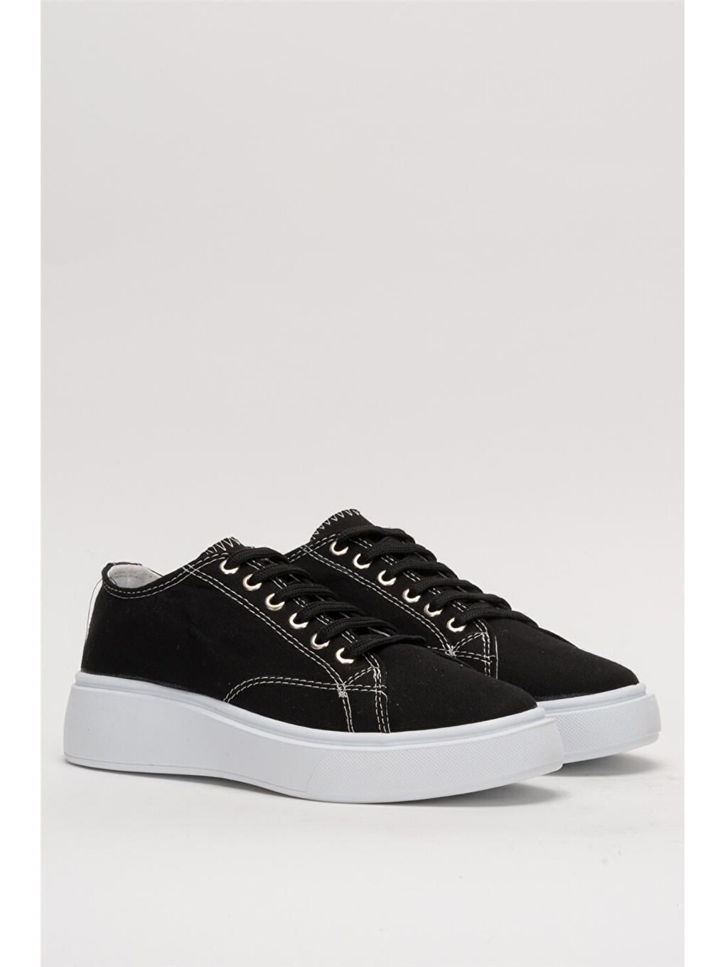 Kadın Rahat Kalıp Kalın Taban Keten Sneakers Siyah-4