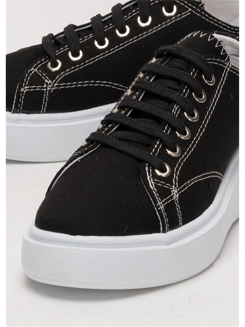 Kadın Rahat Kalıp Kalın Taban Keten Sneakers Siyah-8