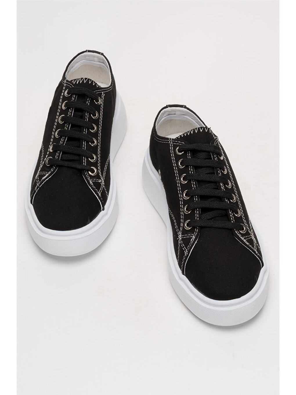 Kadın Rahat Kalıp Kalın Taban Keten Sneakers Siyah-10