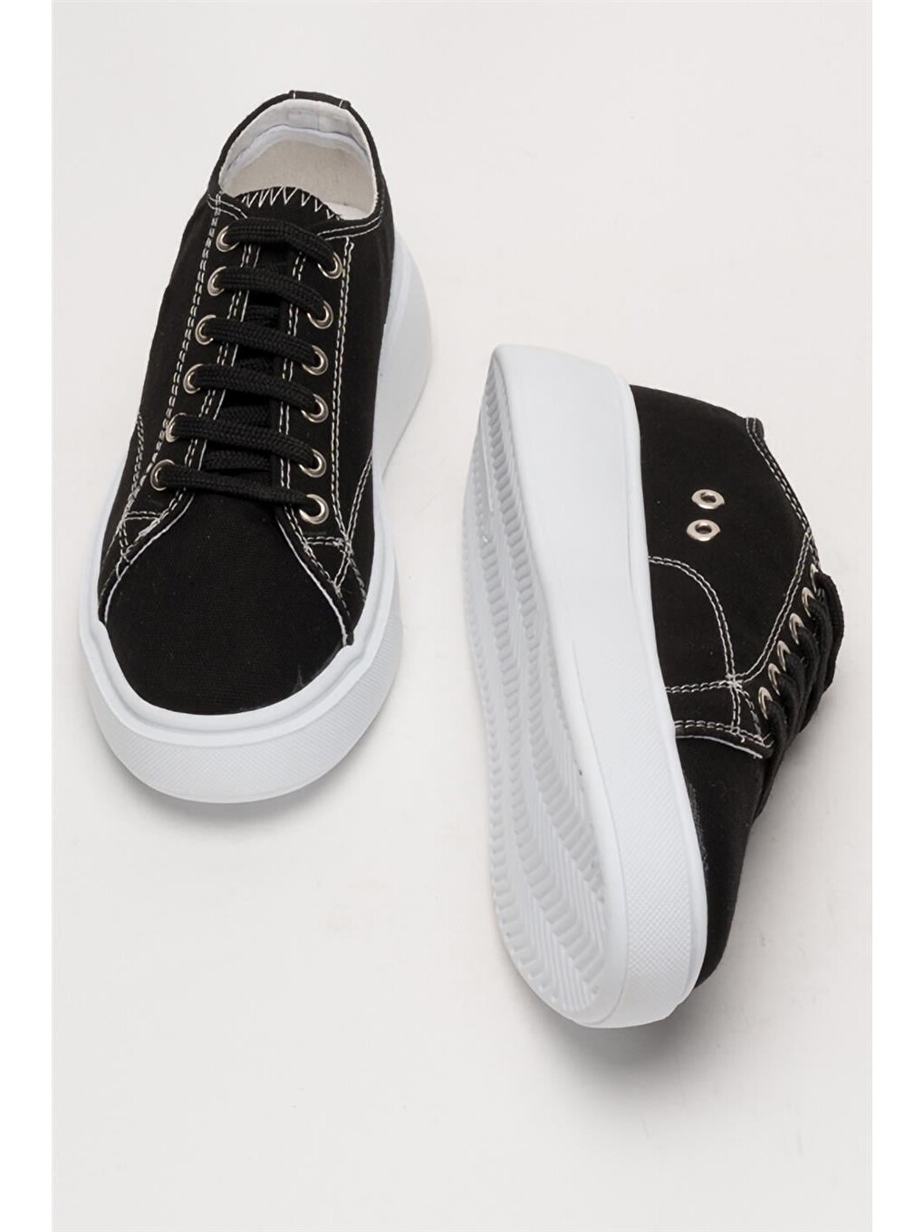 Kadın Rahat Kalıp Kalın Taban Keten Sneakers Siyah-12