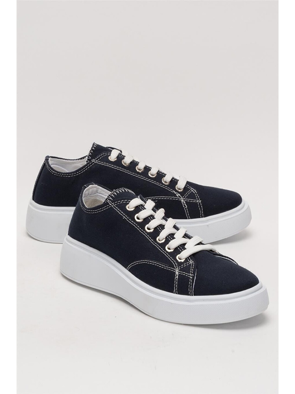 Kadın Rahat Kalıp Kalın Taban Keten Sneakers Lacivert-2