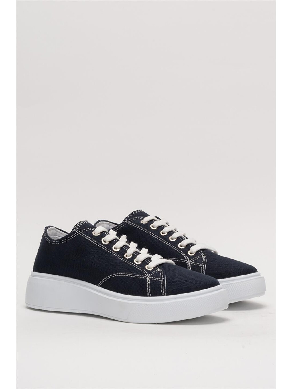 Kadın Rahat Kalıp Kalın Taban Keten Sneakers Lacivert-4