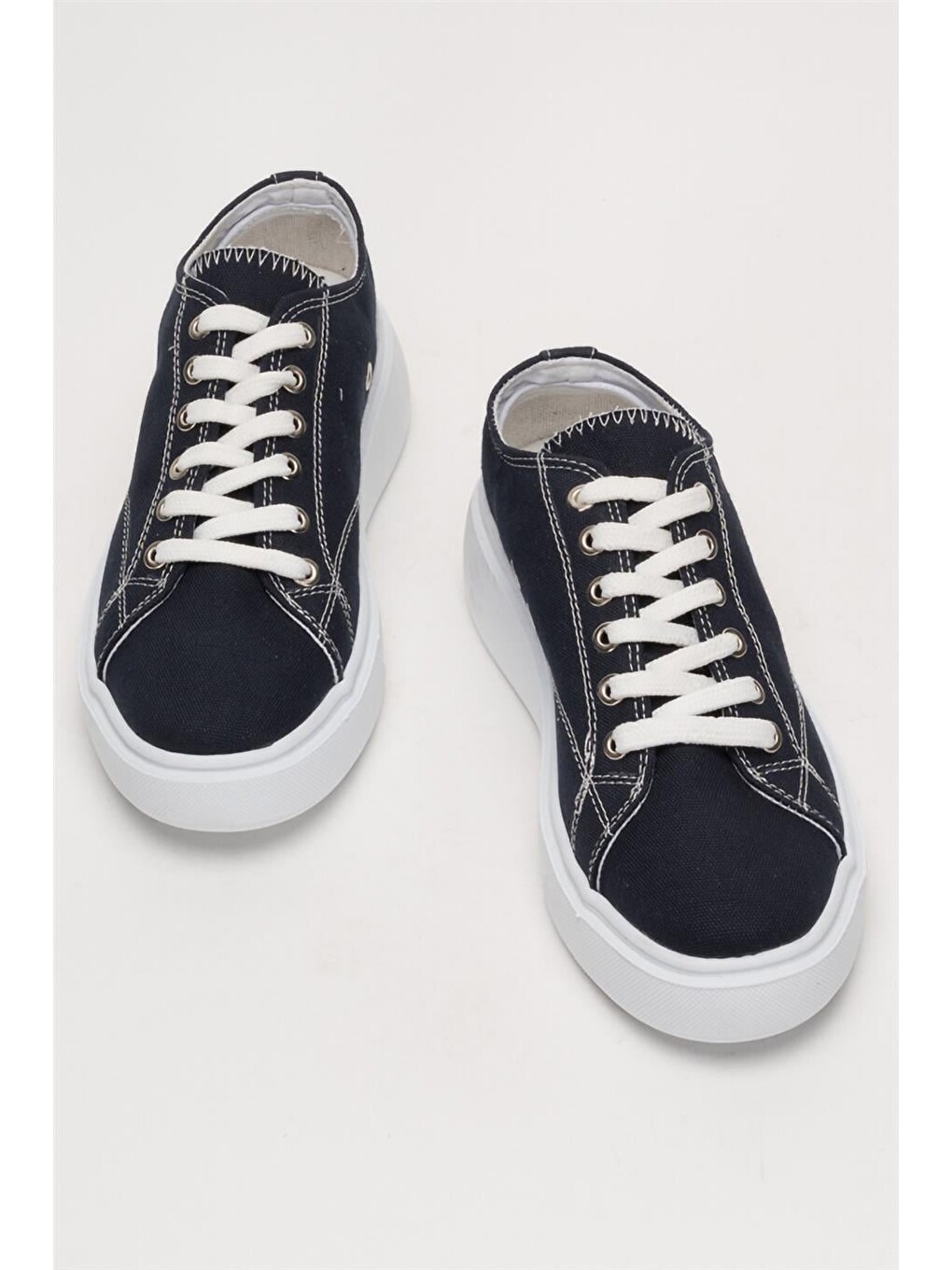 Kadın Rahat Kalıp Kalın Taban Keten Sneakers Lacivert-10