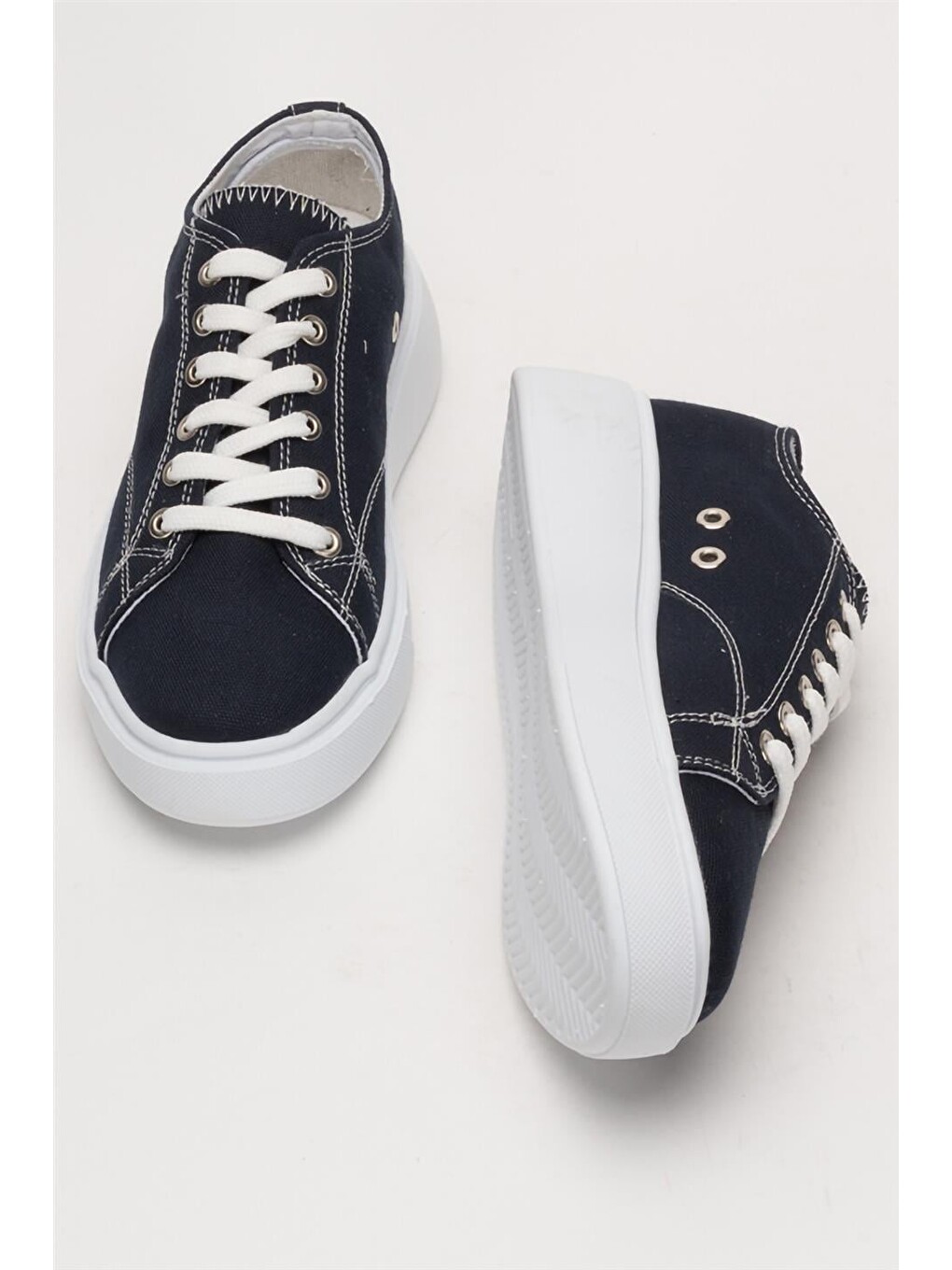 Kadın Rahat Kalıp Kalın Taban Keten Sneakers Lacivert-12
