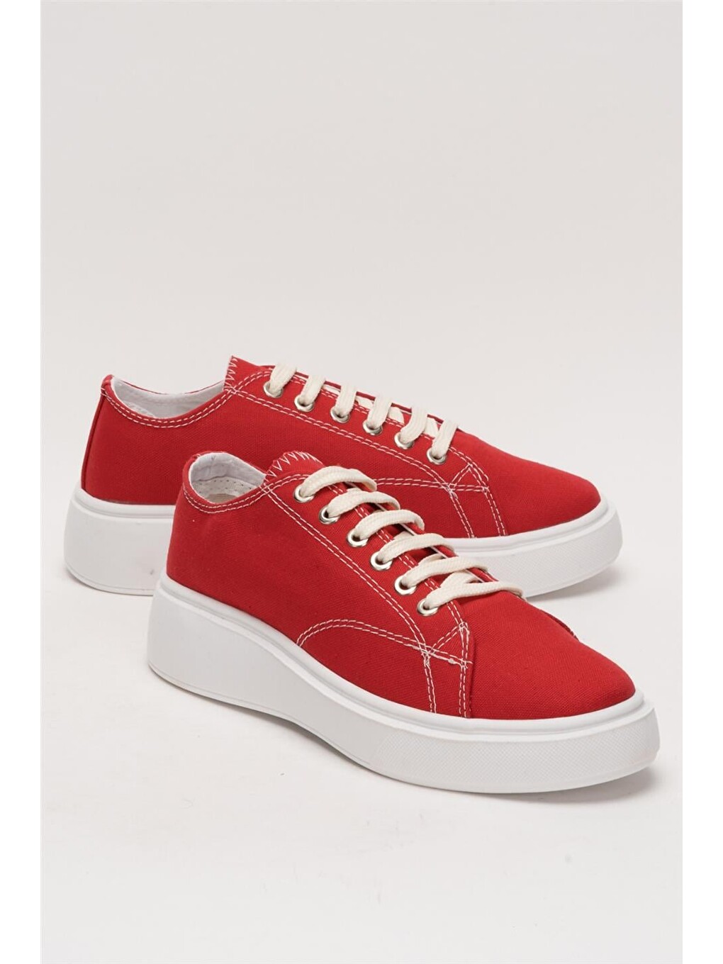 Kırmızı Kadın Rahat Kalıp Kalın Taban Keten Sneakers Kirmizi-1