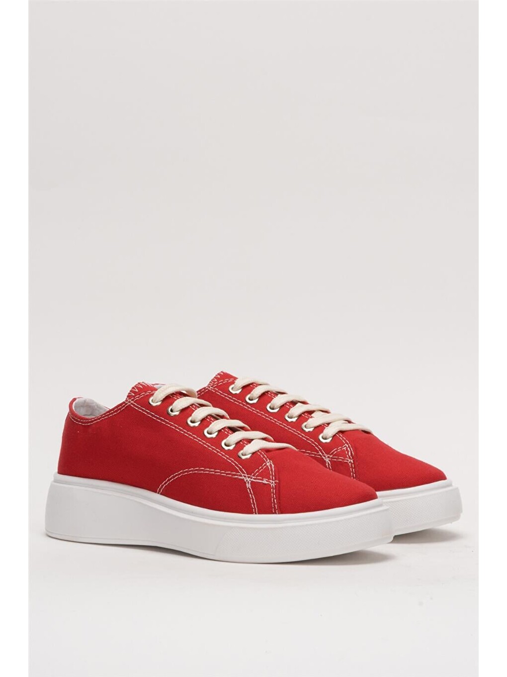 Kırmızı Kadın Rahat Kalıp Kalın Taban Keten Sneakers Kirmizi-2