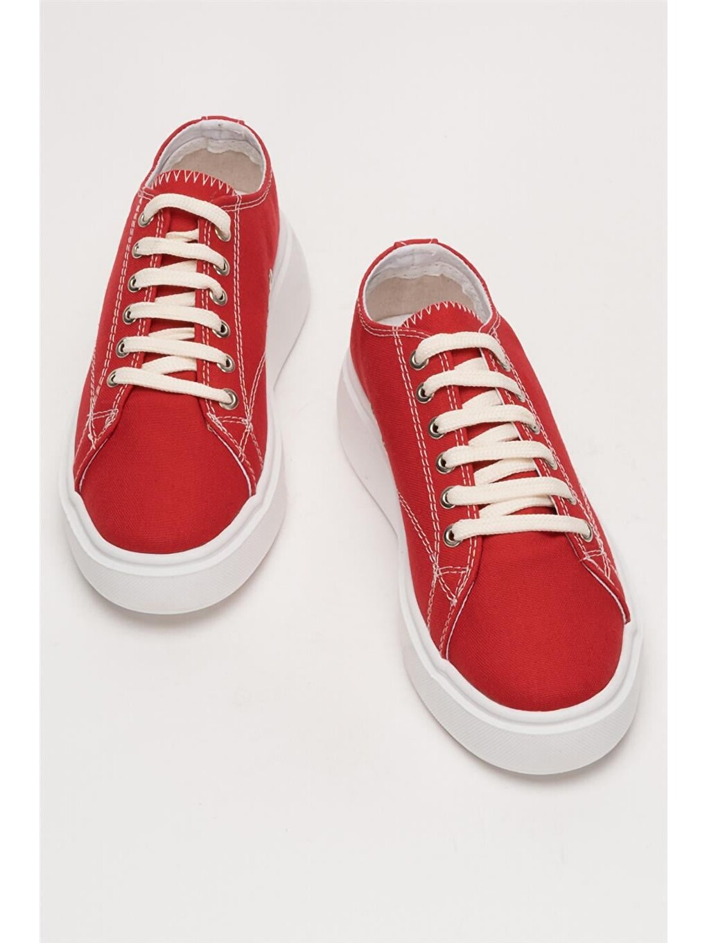 Kırmızı Kadın Rahat Kalıp Kalın Taban Keten Sneakers Kirmizi-5