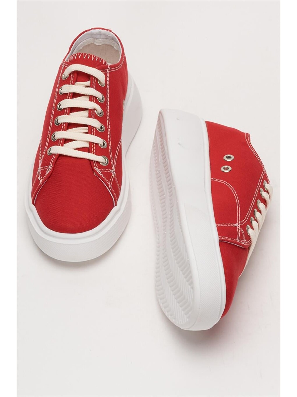 Kırmızı Kadın Rahat Kalıp Kalın Taban Keten Sneakers Kirmizi-6