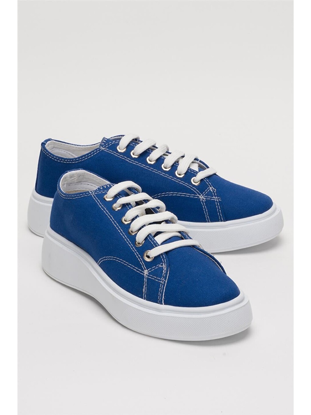 Kadın Rahat Kalıp Kalın Taban Keten Sneakers Mavi-2