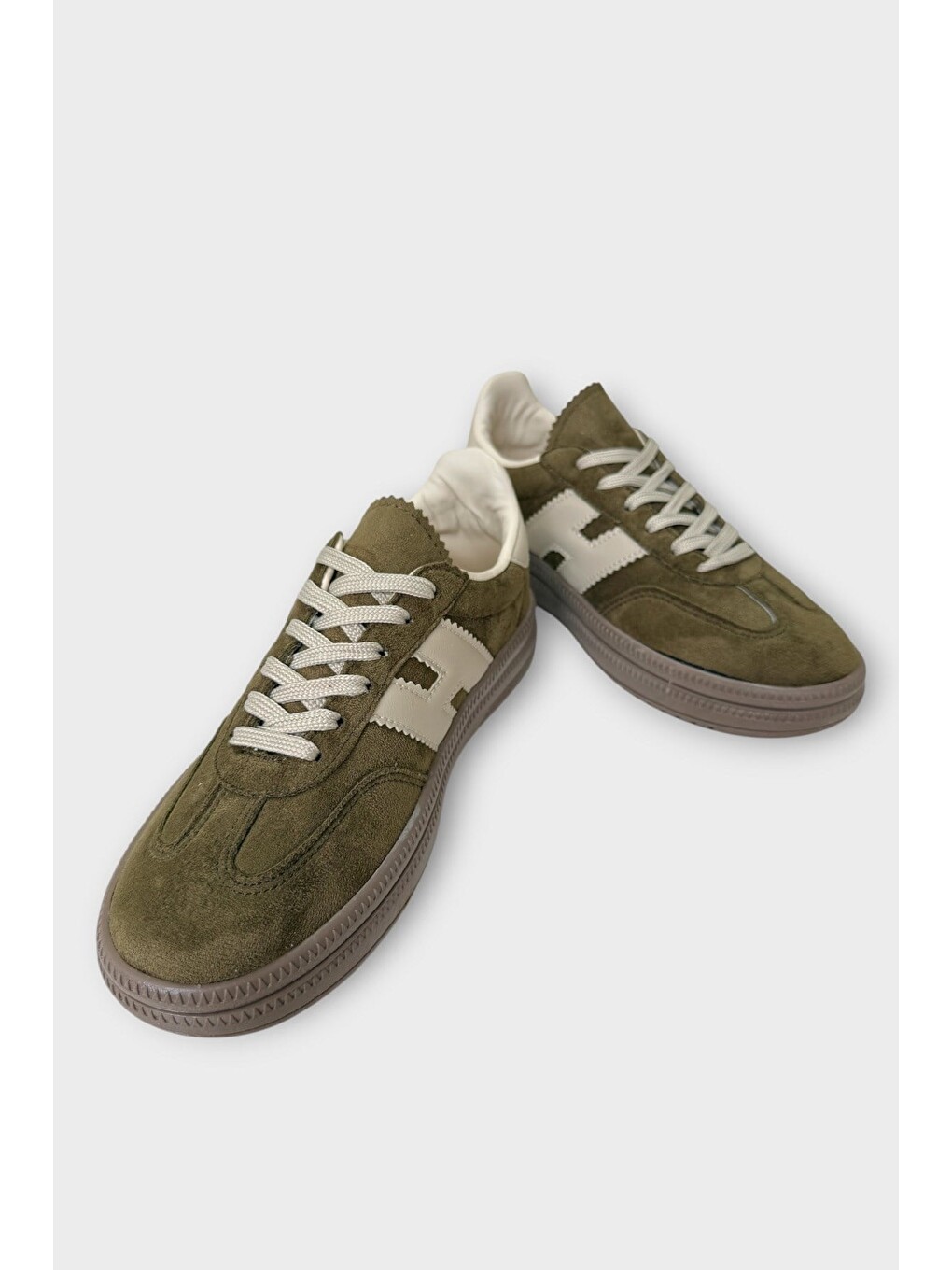 Süet Bağcıklı Sneaker Kadın Spor Ayakkabı Haki-5