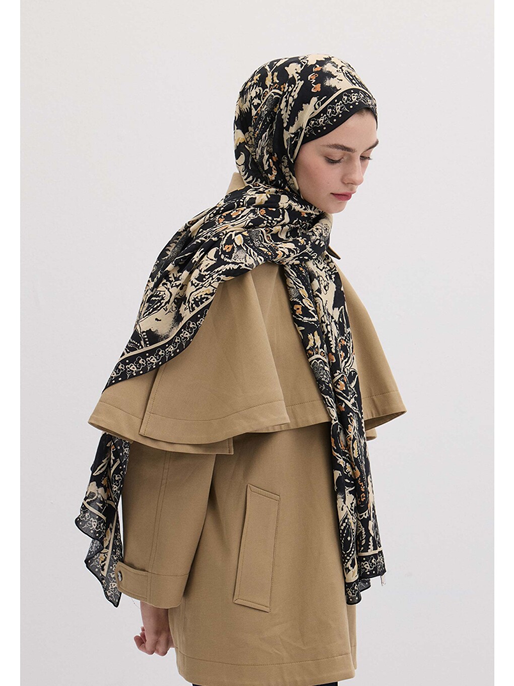 Floral Paısley Desen Şal Siyah