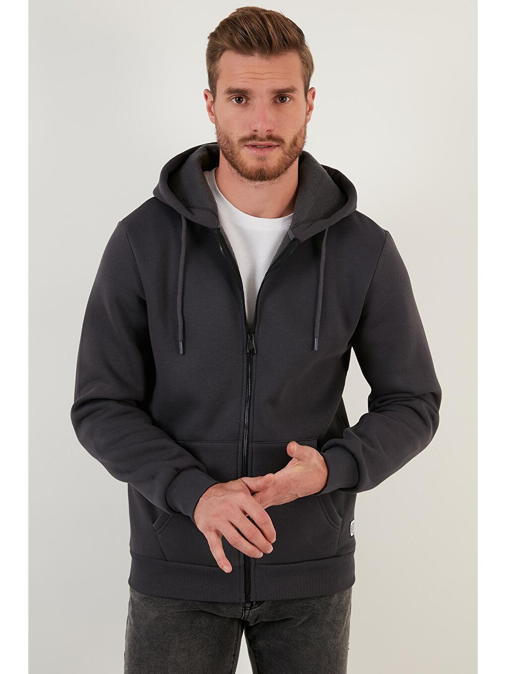 Buratti Antrasit Slim Fit Kapüşonlu Fermuarlı İçi Tüylü Yumuşak Şardonlu Kışlık Sweat 5905340 - 2