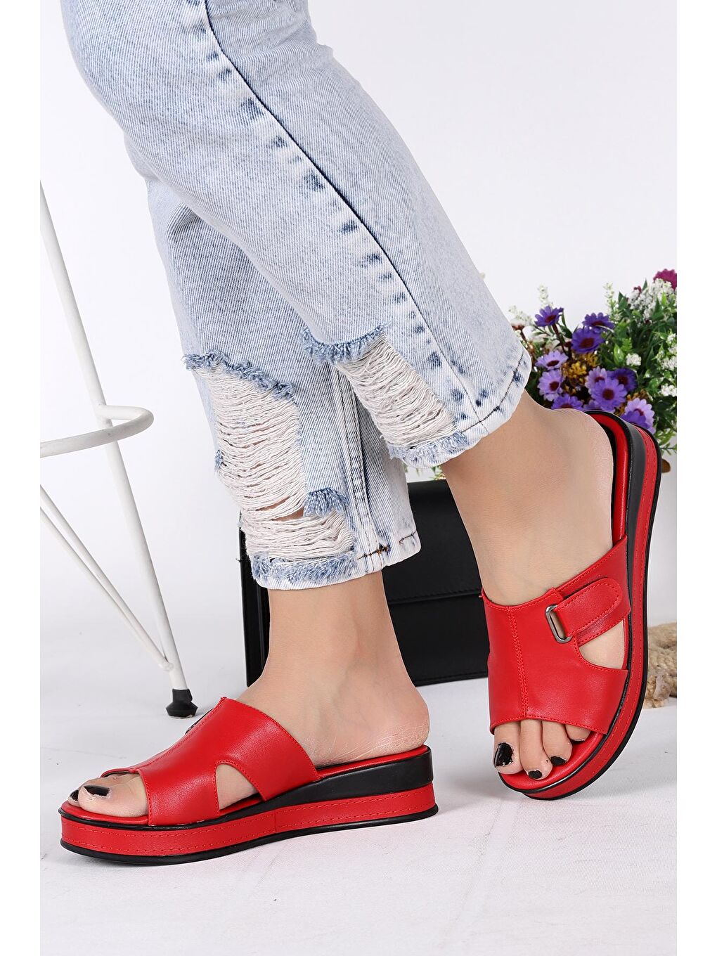Kırmızı Cırtlı Günlük Kadın Terlik Plt 164-1