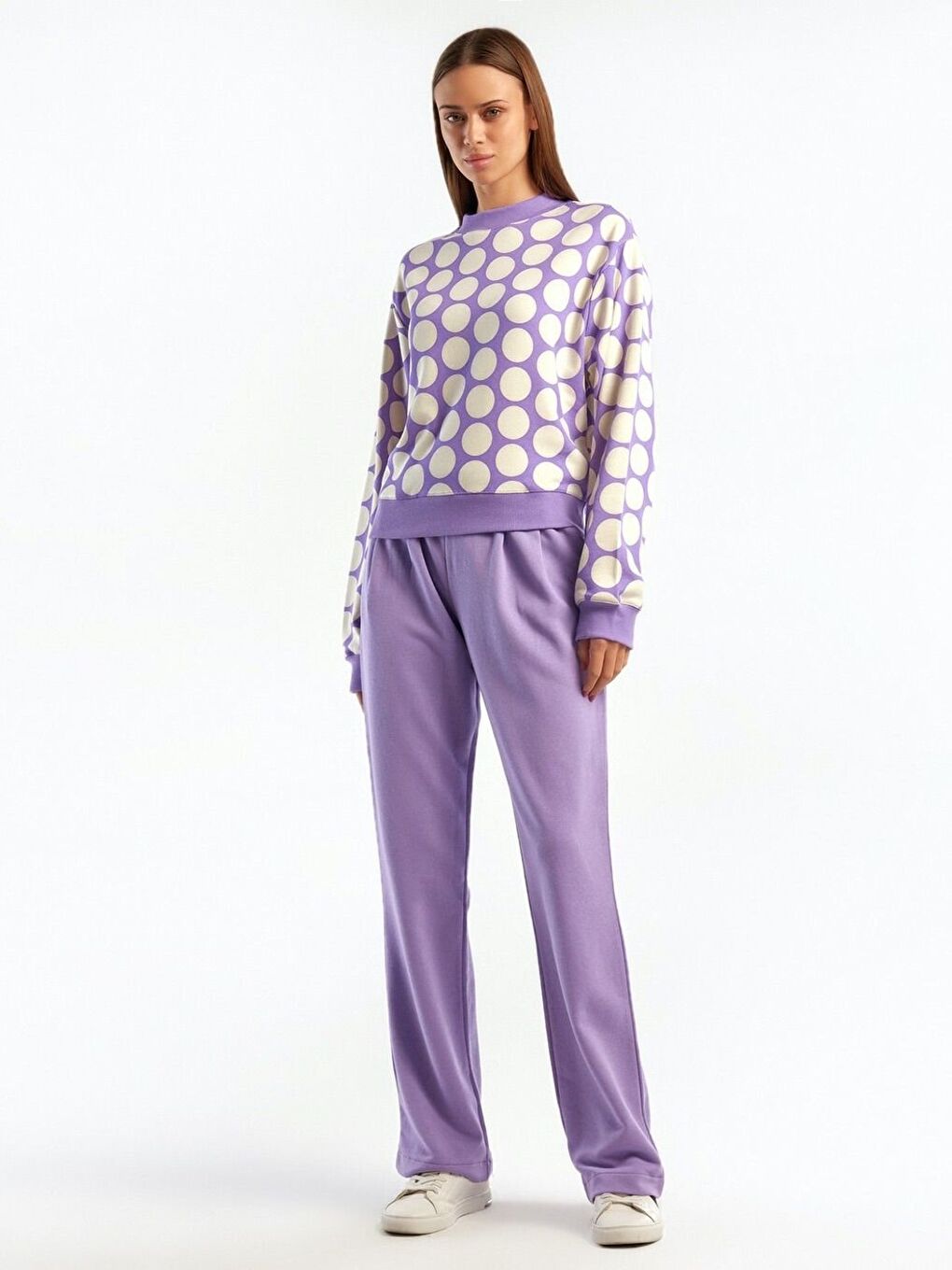Kadın Lila Puantiyeli Pamuk Sweatshirt