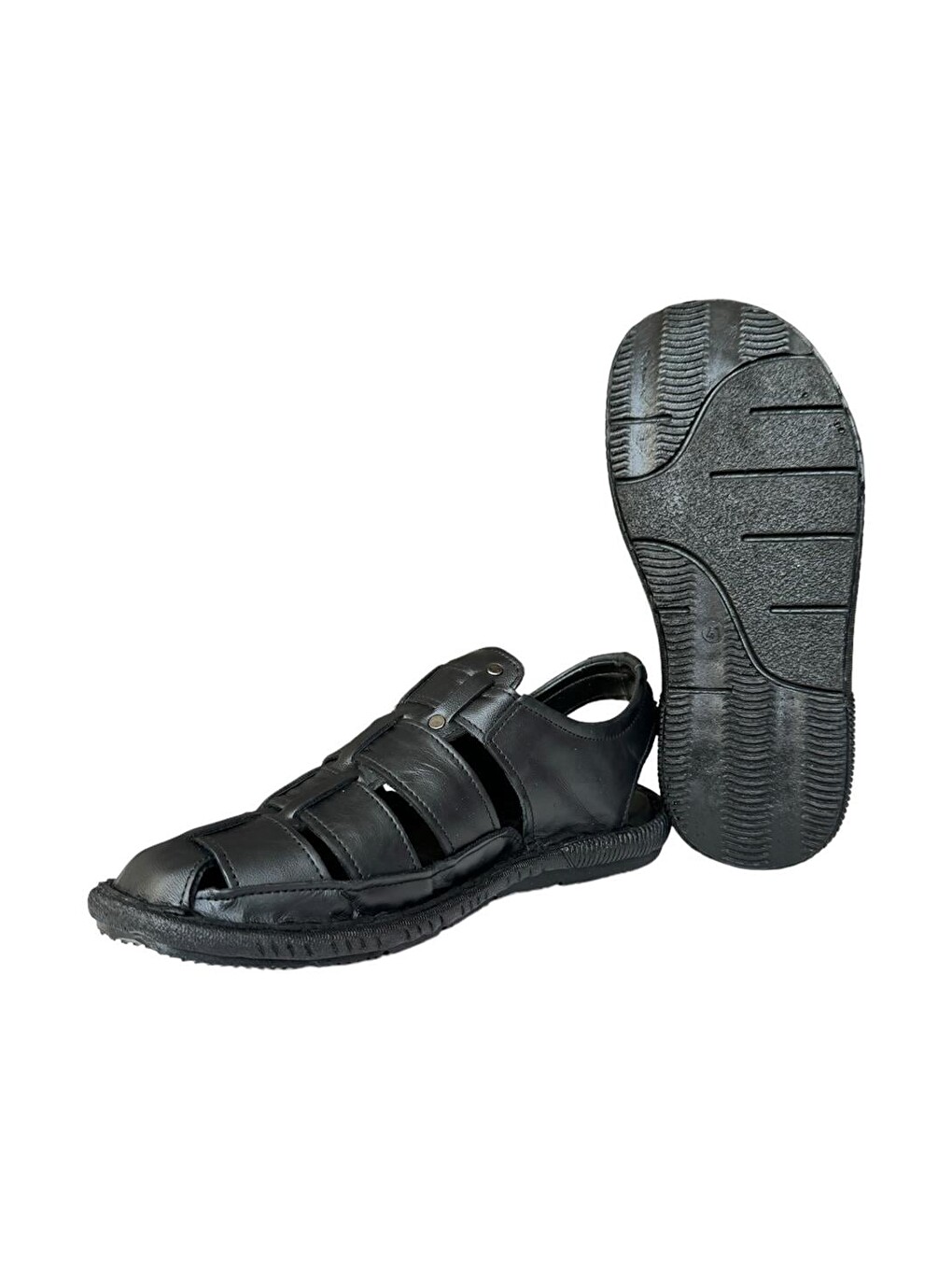Erkek Hakiki Deri Cırtlı Sandalet Siyah-füme-6