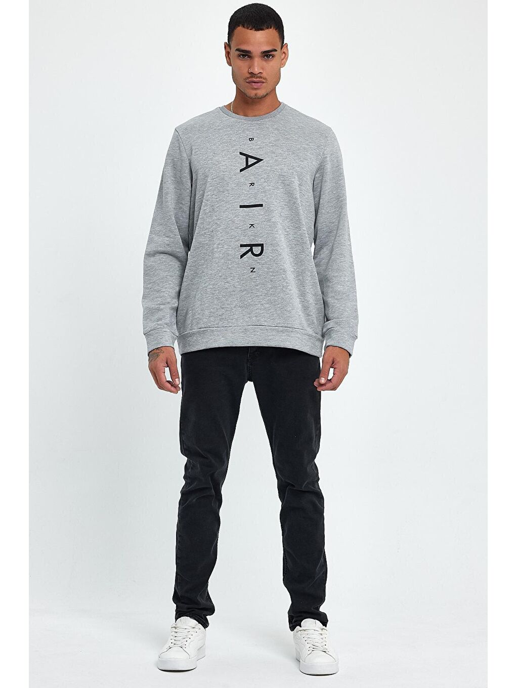 Gri Erkek Bisiklet Yaka Regular Fit Air Baskılı İnce Sweatshirt SPR22SW131