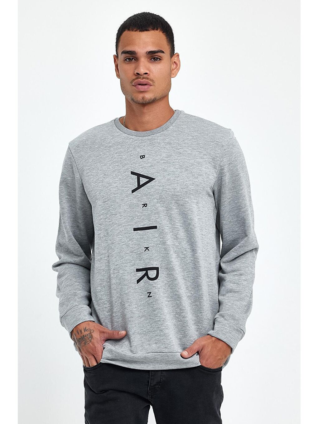 Gri Erkek Bisiklet Yaka Regular Fit Air Baskılı İnce Sweatshirt SPR22SW131-1