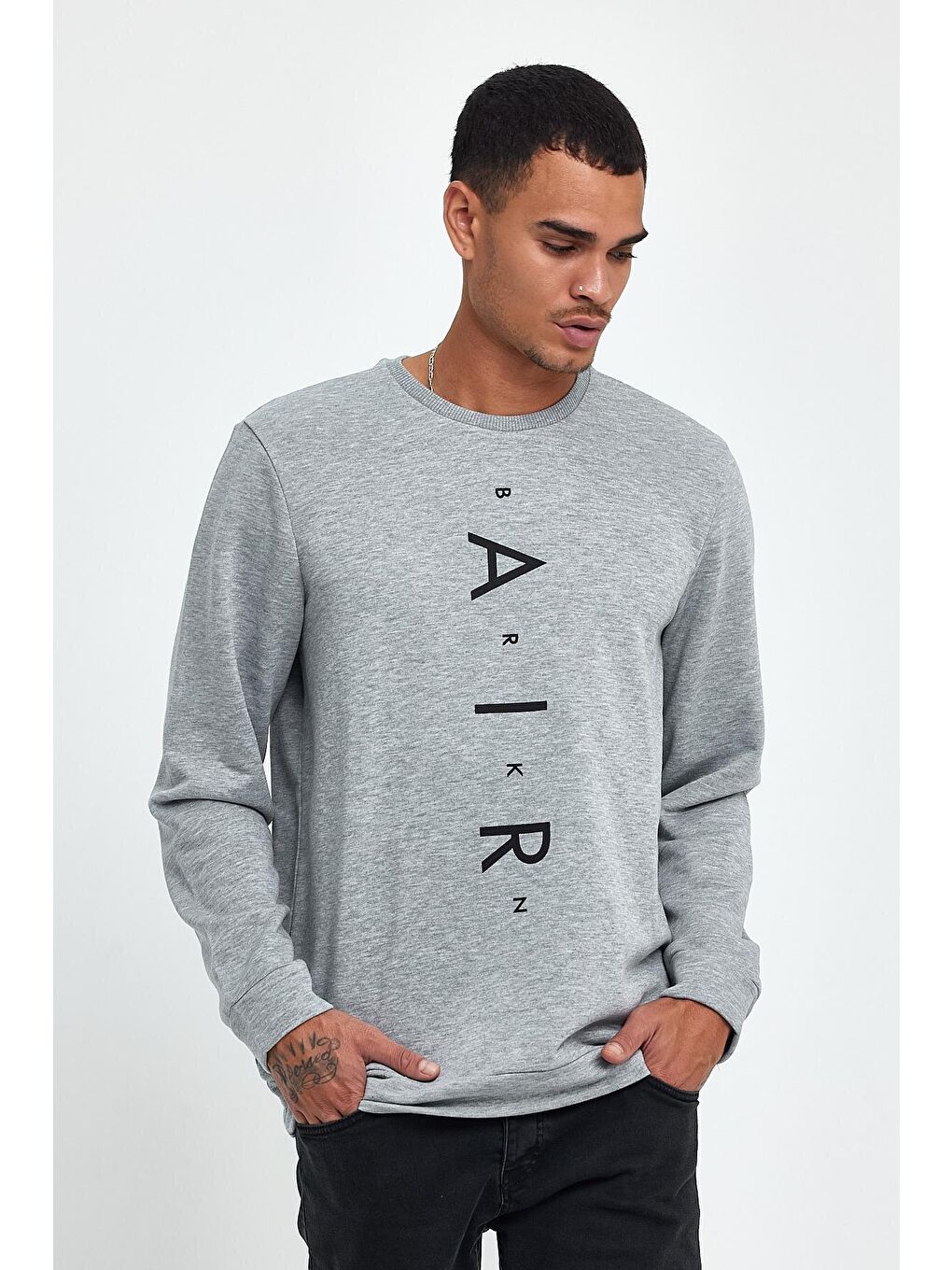 Gri Erkek Bisiklet Yaka Regular Fit Air Baskılı İnce Sweatshirt SPR22SW131-2