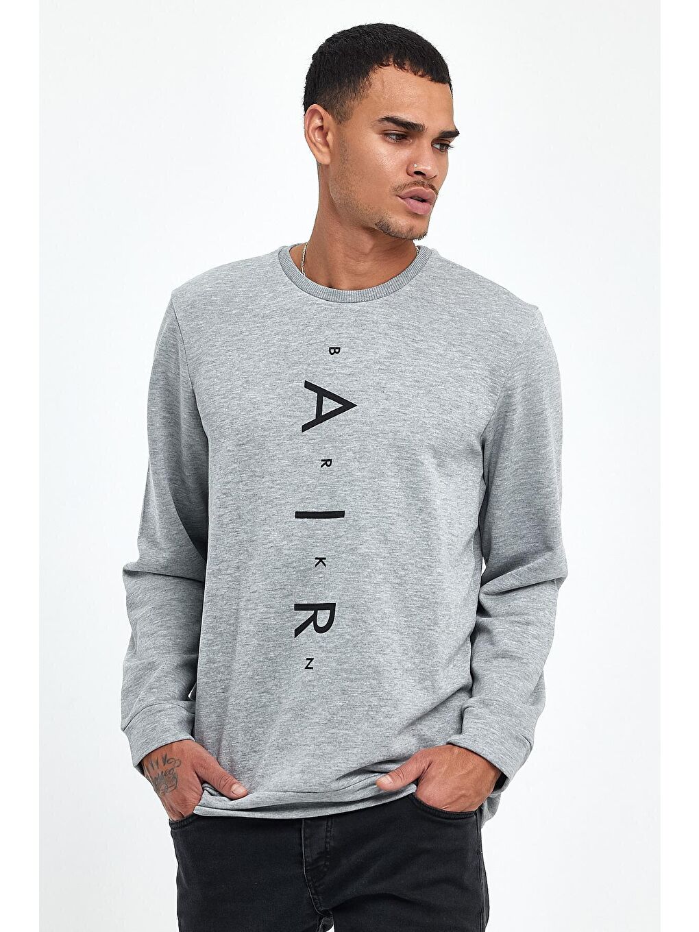 Gri Erkek Bisiklet Yaka Regular Fit Air Baskılı İnce Sweatshirt SPR22SW131-4
