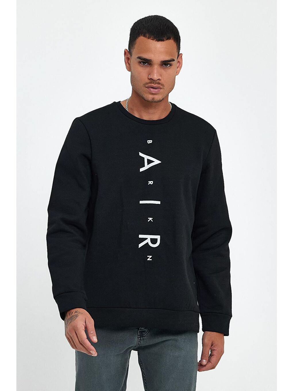 Siyah Erkek Bisiklet Yaka Regular Fit Air Baskılı İnce Sweatshirt SPR22SW131