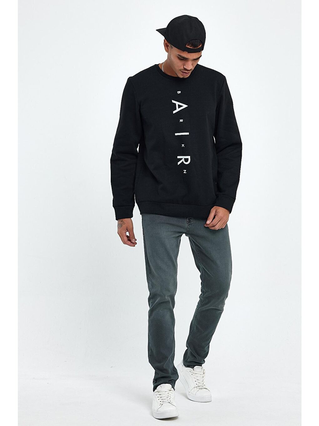 Siyah Erkek Bisiklet Yaka Regular Fit Air Baskılı İnce Sweatshirt SPR22SW131-1