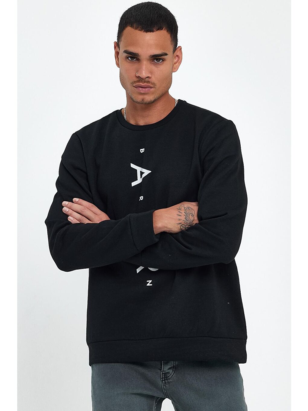 Siyah Erkek Bisiklet Yaka Regular Fit Air Baskılı İnce Sweatshirt SPR22SW131-2