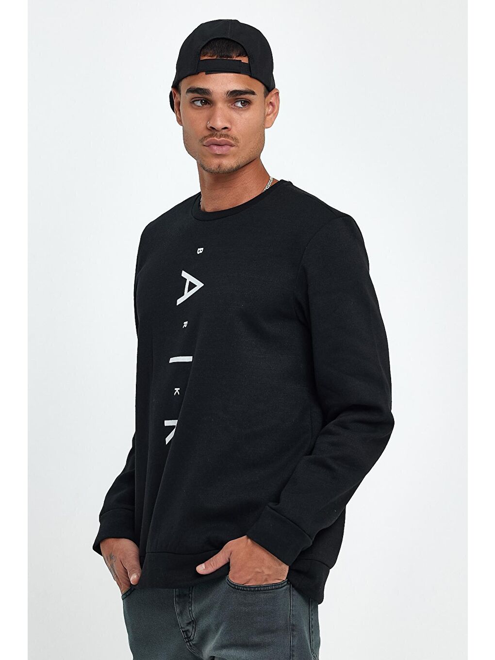 Siyah Erkek Bisiklet Yaka Regular Fit Air Baskılı İnce Sweatshirt SPR22SW131-3