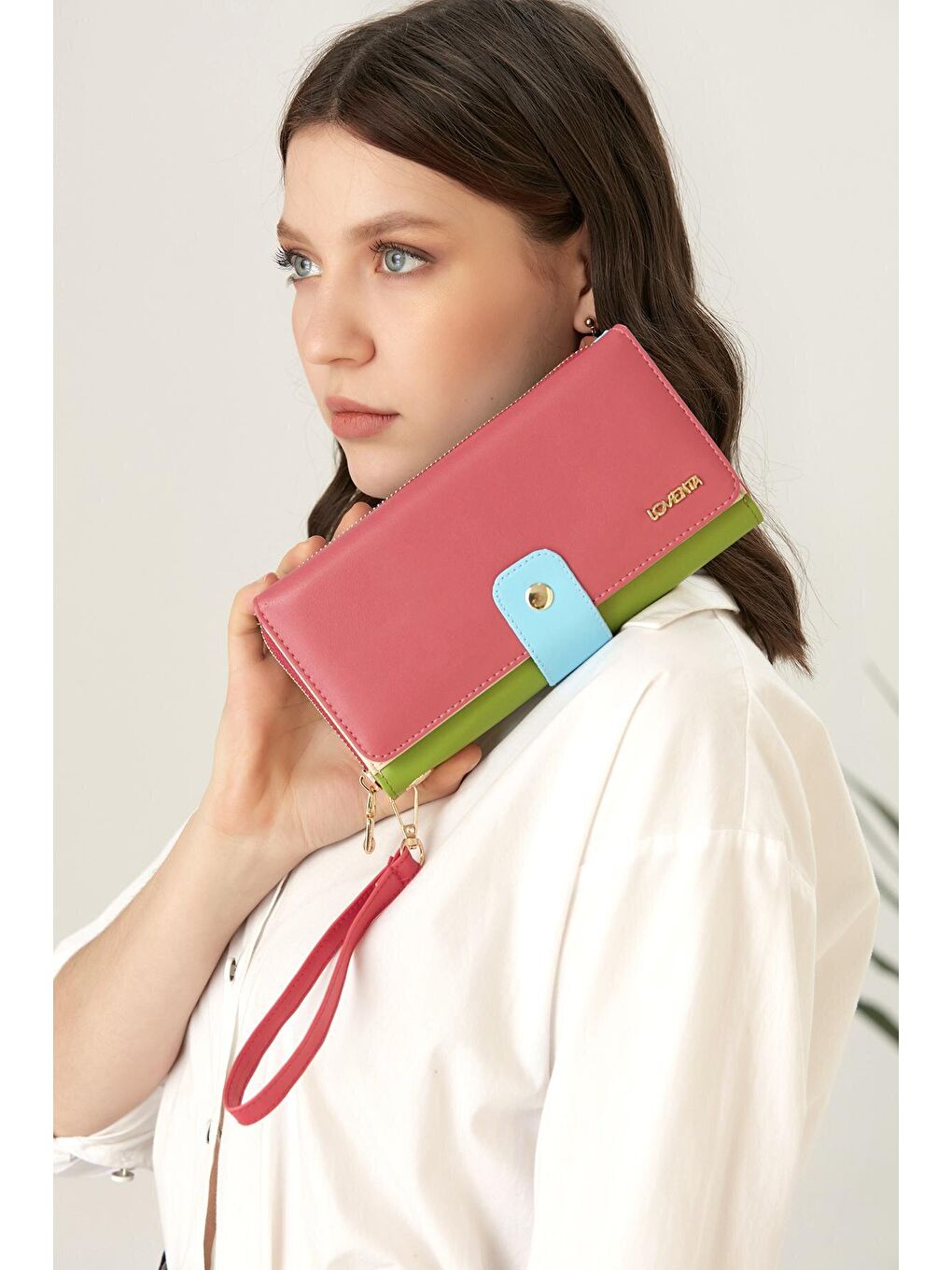 Fuşya Büyük Boy Renkli Kadın Cüzdan Ve El Çantası