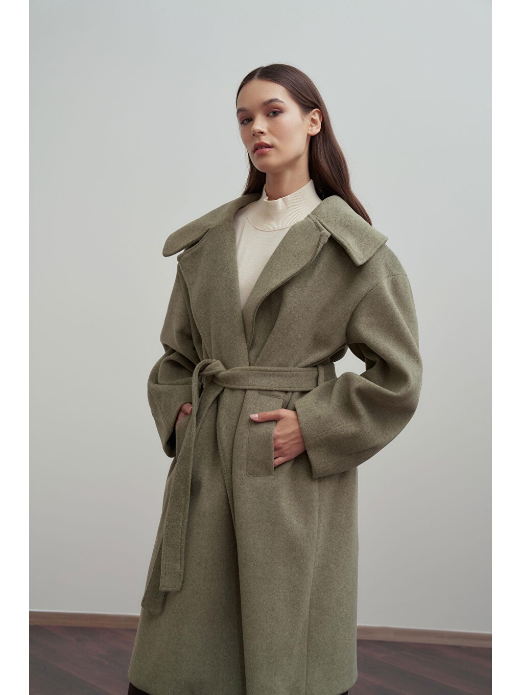 Yeşil Oversize Kuşaklı Kaşe Kaban-3