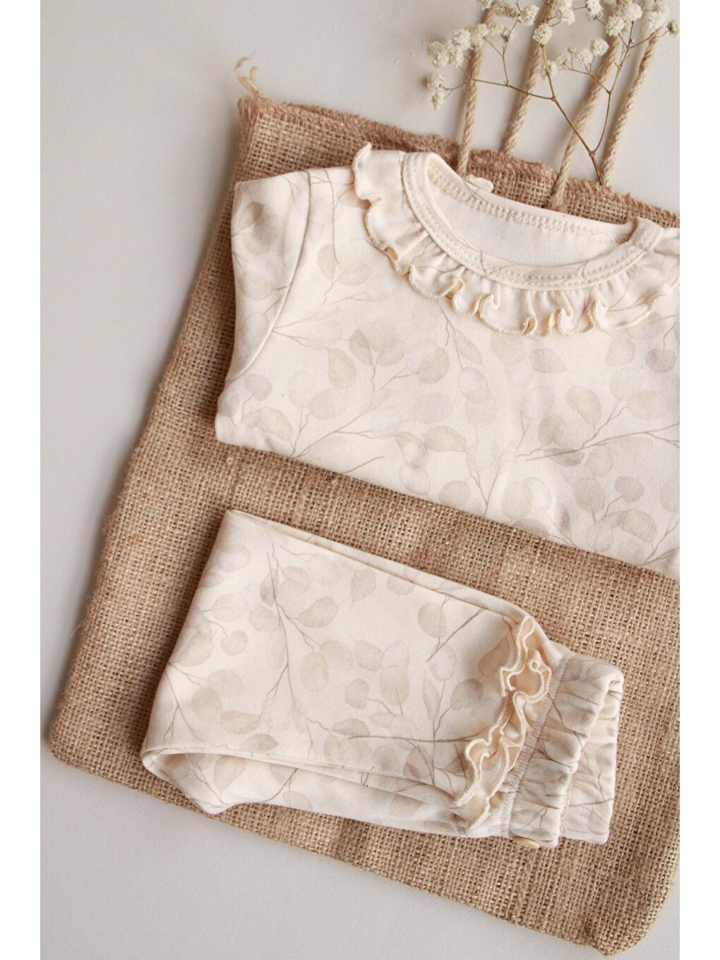 Ekru Krem Dal Desenli Fırfırlı Body Tayt Takım-5