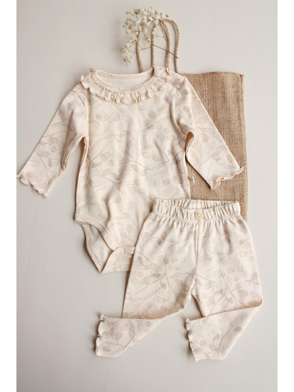 Ekru Krem Dal Desenli Fırfırlı Body Tayt Takım-7