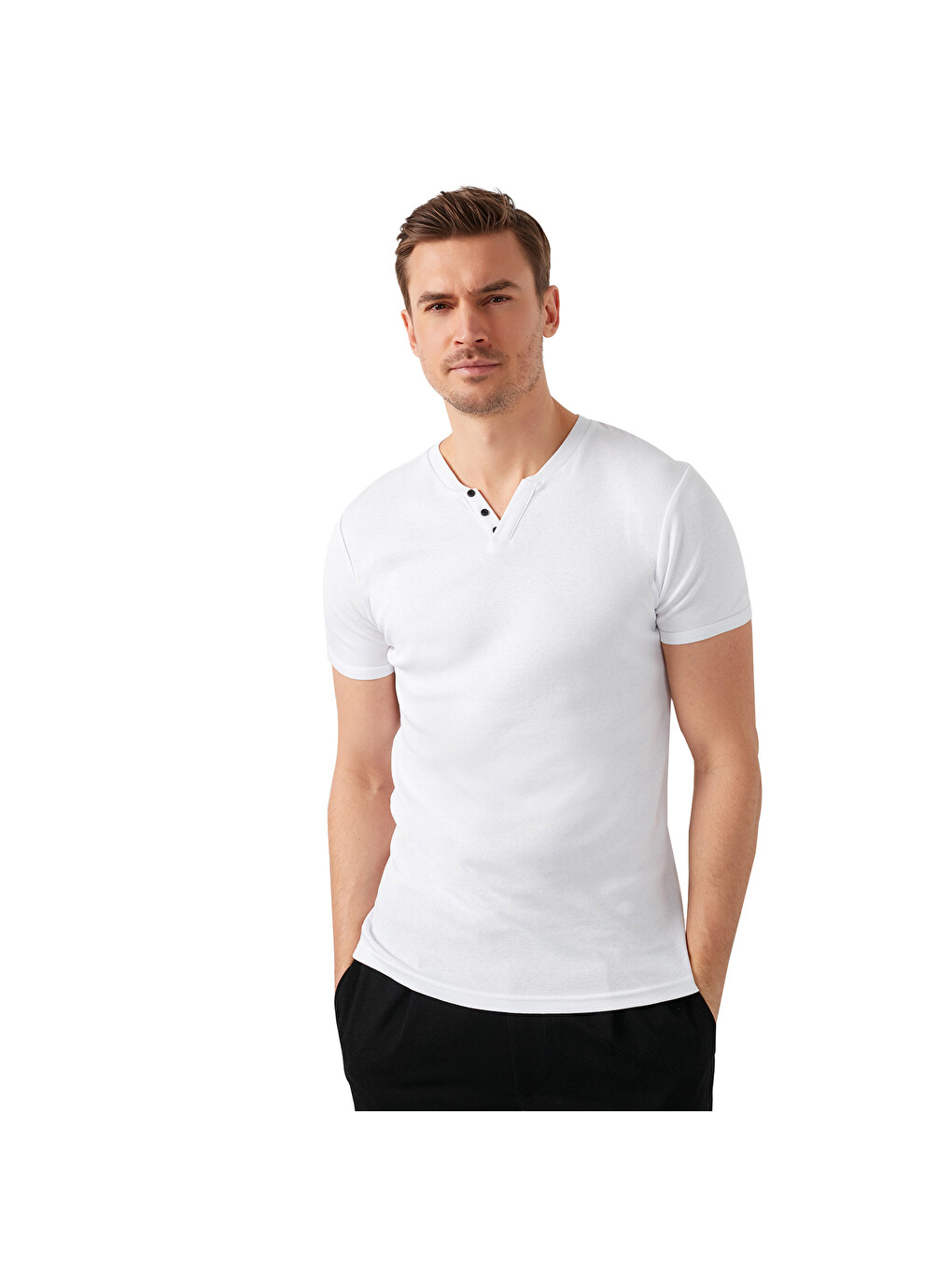 Beyaz % 100 Pamuklu V Yaka Slim Fit Erkek T Shirt 5902122-4