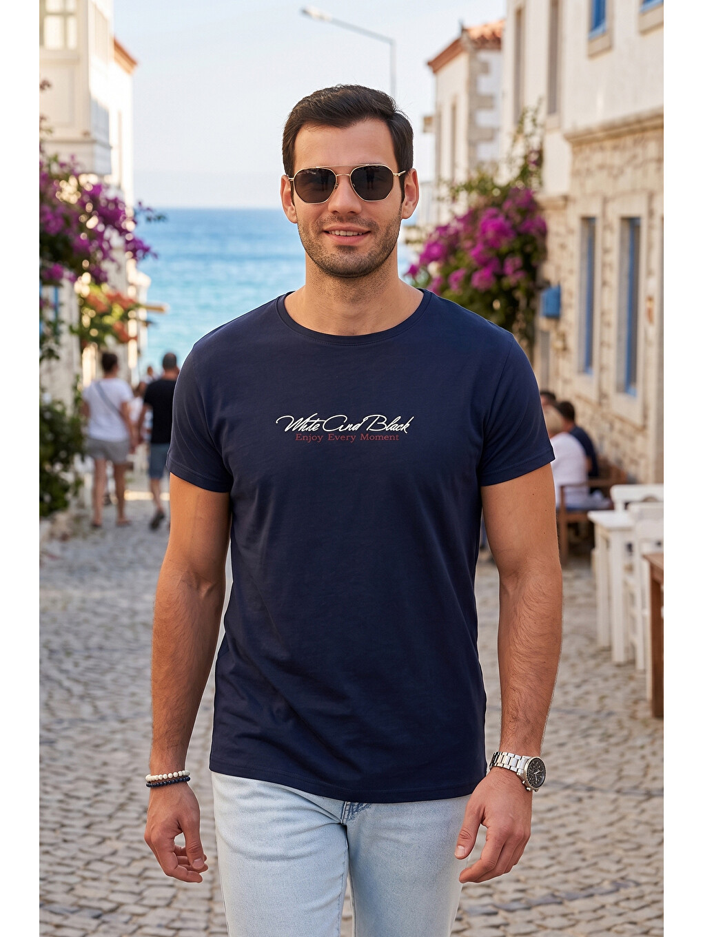 Lacivert Baskılı Bisiklet Yaka % 100 Pamuk Slim Fit Erkek T Shirt 541enjoy