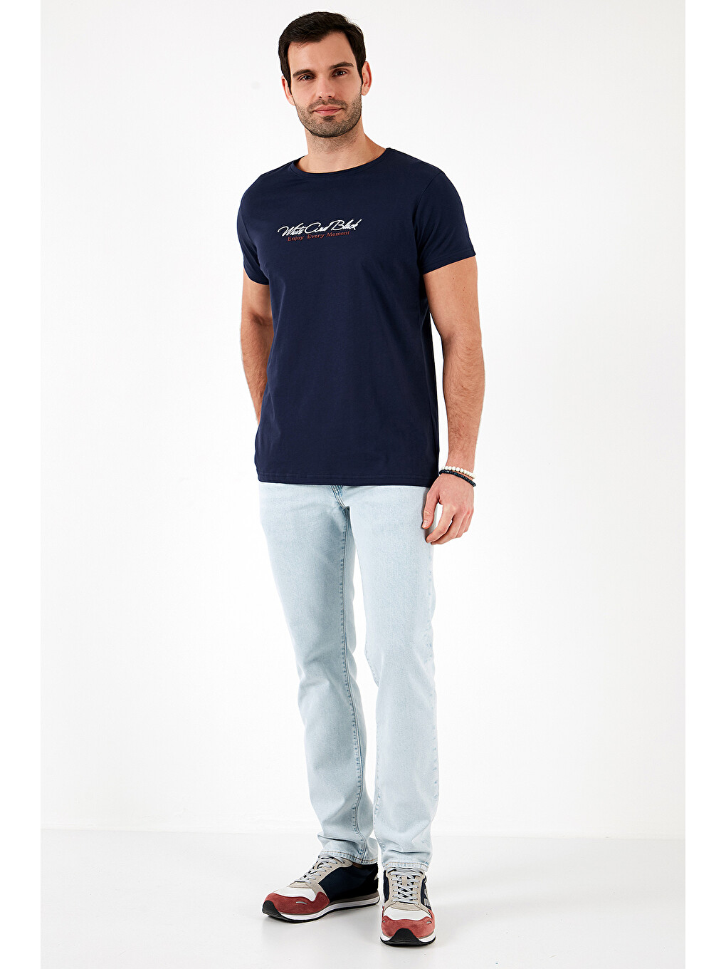 Lacivert Baskılı Bisiklet Yaka % 100 Pamuk Slim Fit Erkek T Shirt 541enjoy-1