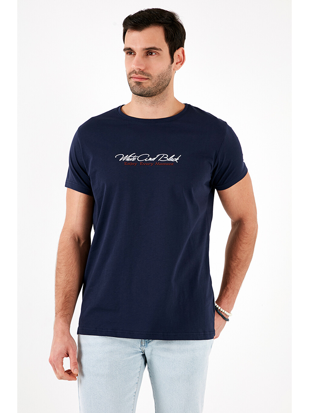 Lacivert Baskılı Bisiklet Yaka % 100 Pamuk Slim Fit Erkek T Shirt 541enjoy-2