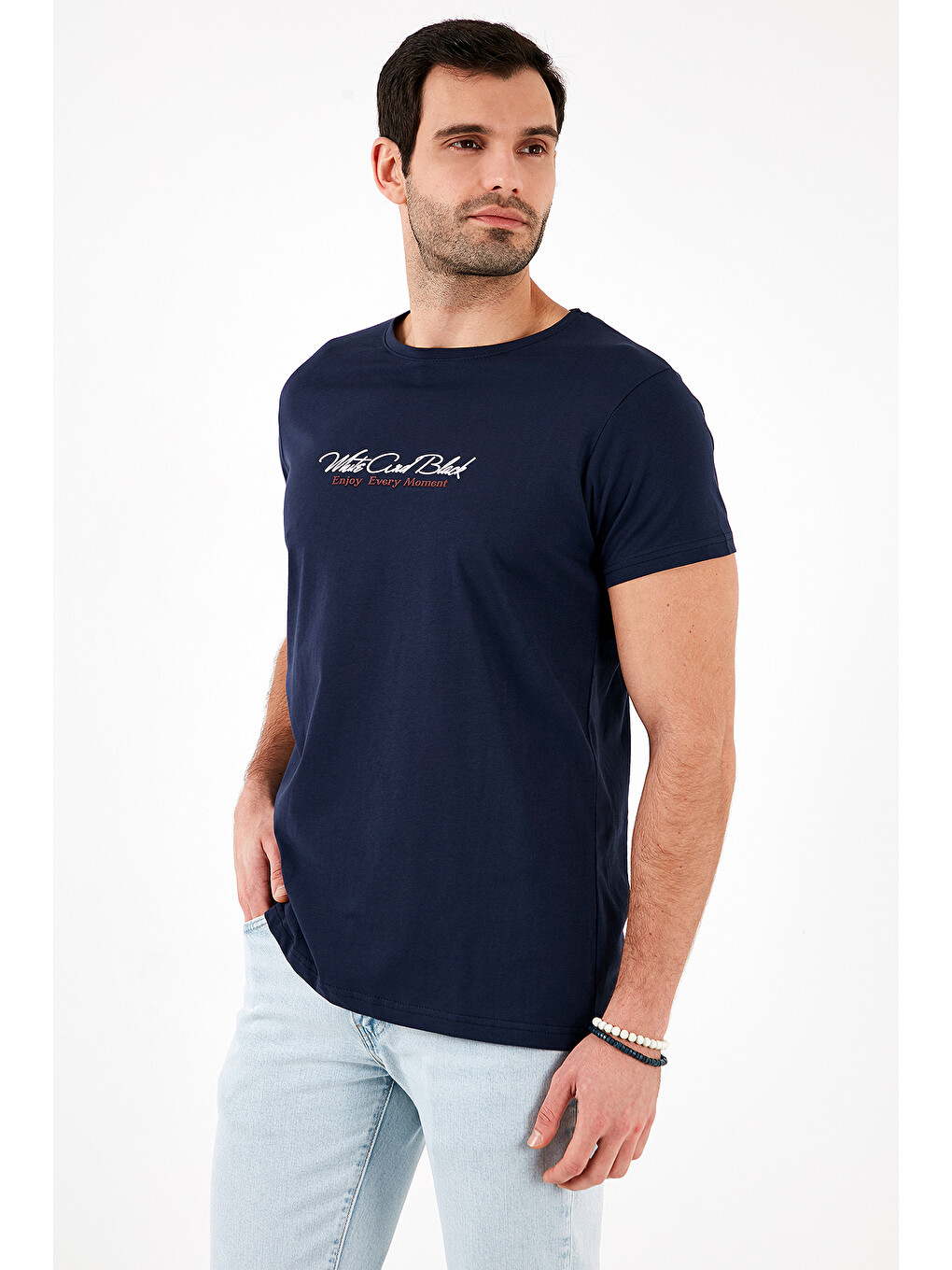Lacivert Baskılı Bisiklet Yaka % 100 Pamuk Slim Fit Erkek T Shirt 541enjoy-3