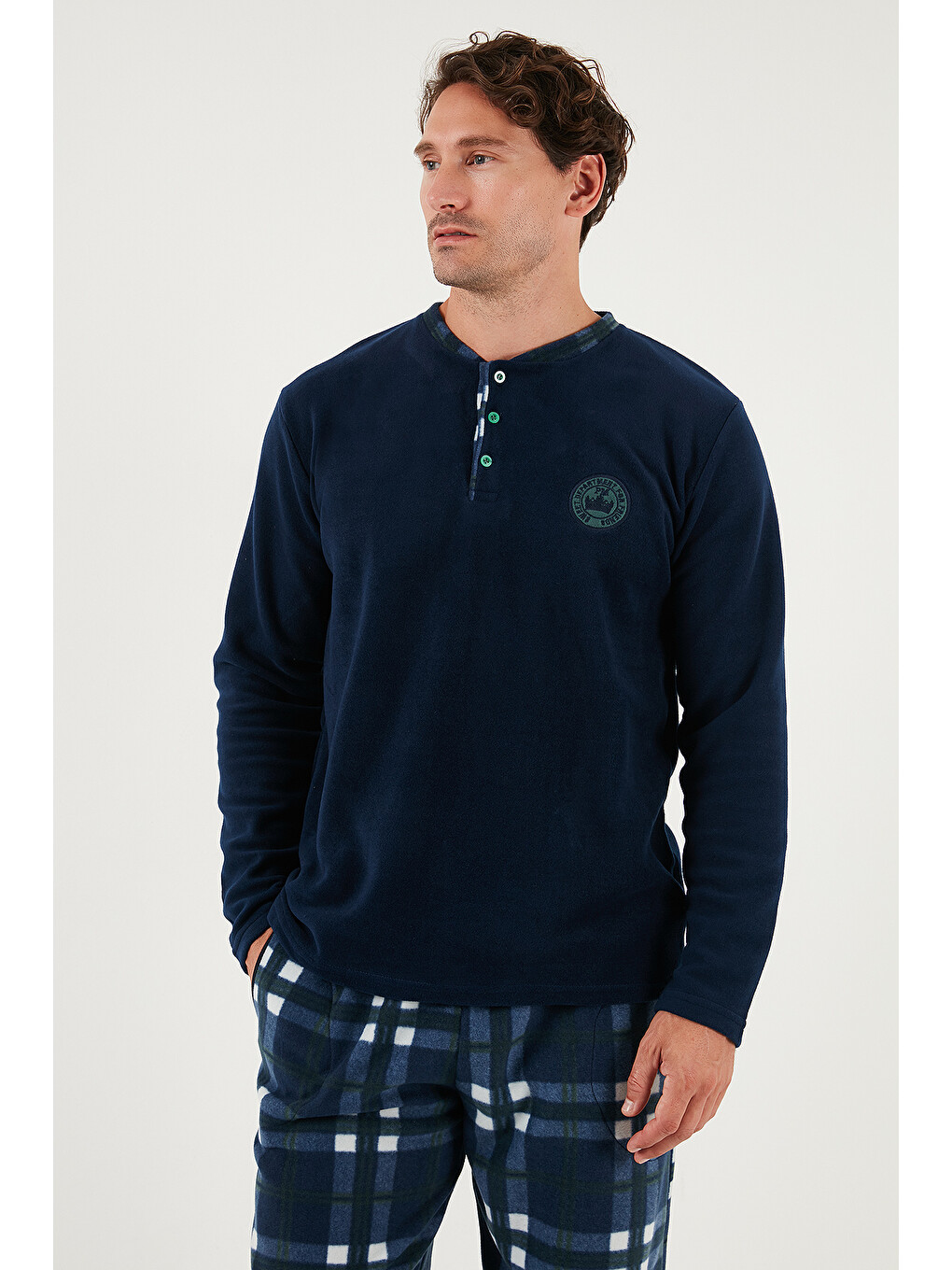 Lacivert Regular Fit Bisiklet Yaka Kışlık Yumuşak Dokulu Polar Pijama Takımı 6096100-4