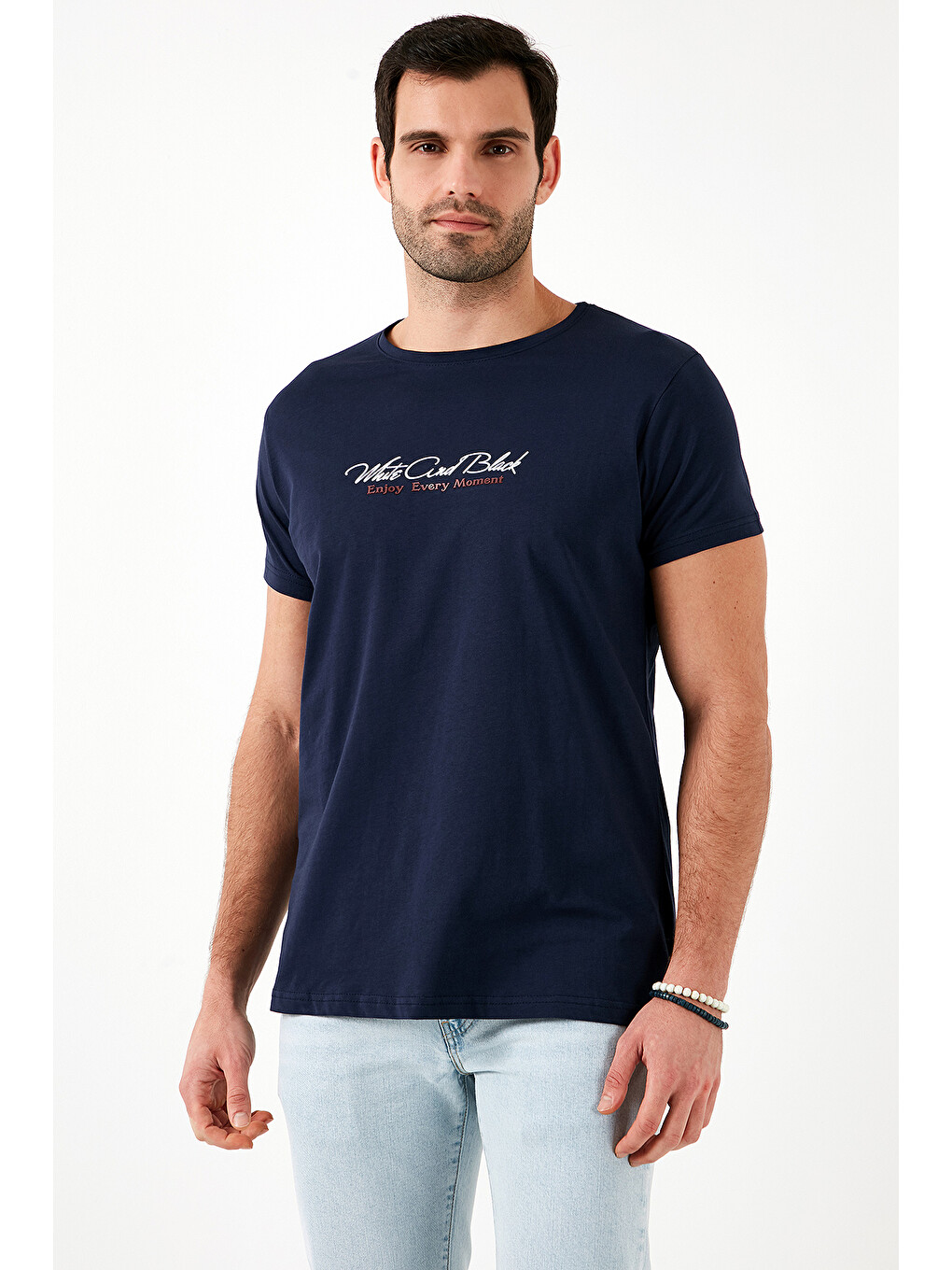 Lacivert Baskılı Bisiklet Yaka % 100 Pamuk Slim Fit Erkek T Shirt 541enjoy-4
