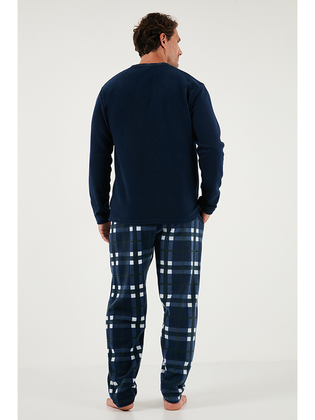 Lacivert Regular Fit Bisiklet Yaka Kışlık Yumuşak Dokulu Polar Pijama Takımı 6096100-6