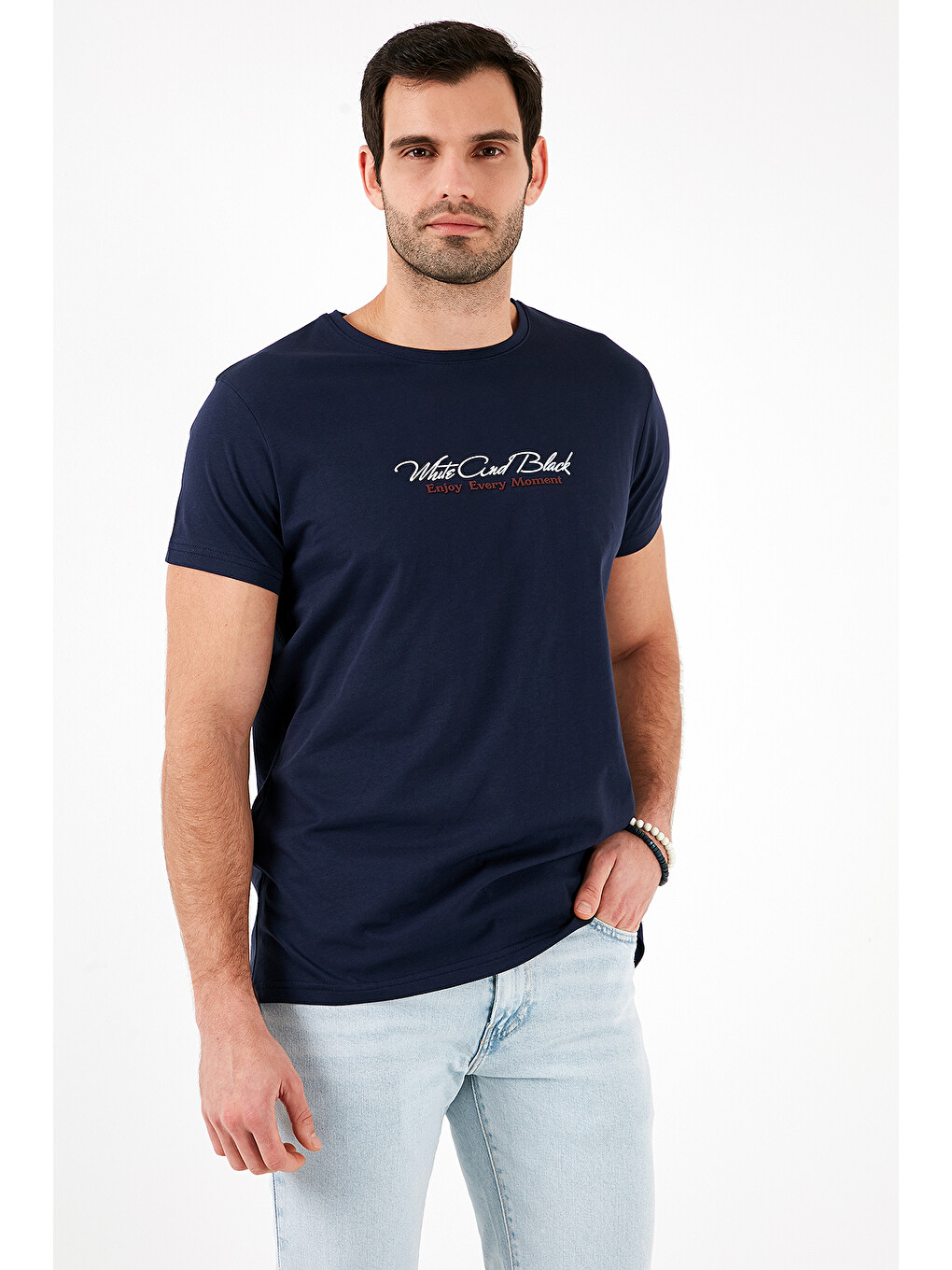 Lacivert Baskılı Bisiklet Yaka % 100 Pamuk Slim Fit Erkek T Shirt 541enjoy-5