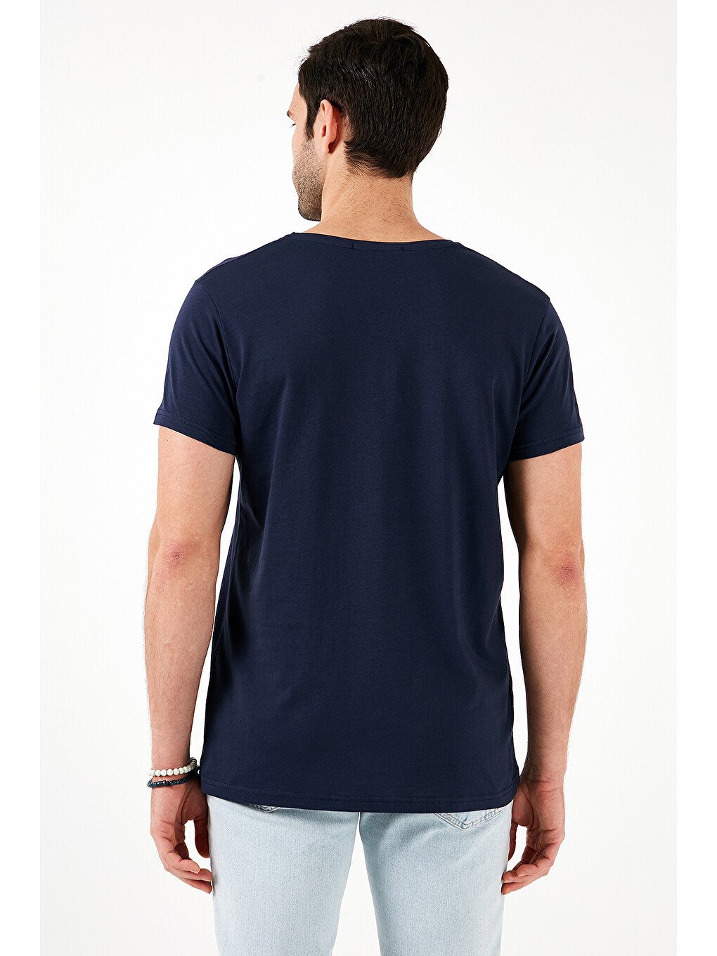 Lacivert Baskılı Bisiklet Yaka % 100 Pamuk Slim Fit Erkek T Shirt 541enjoy-6