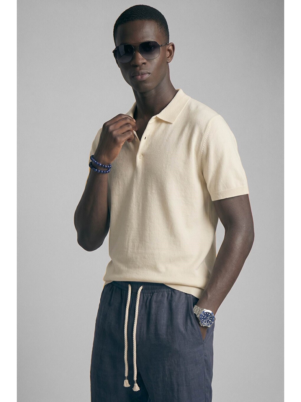 Erkek Relaxed Fit Dökümlü Polo Yaka Triko T-shirt Bej-2