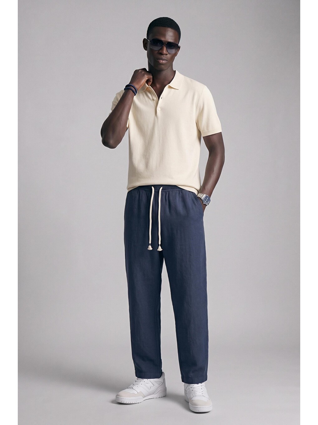 Erkek Relaxed Fit Dökümlü Polo Yaka Triko T-shirt Bej-3