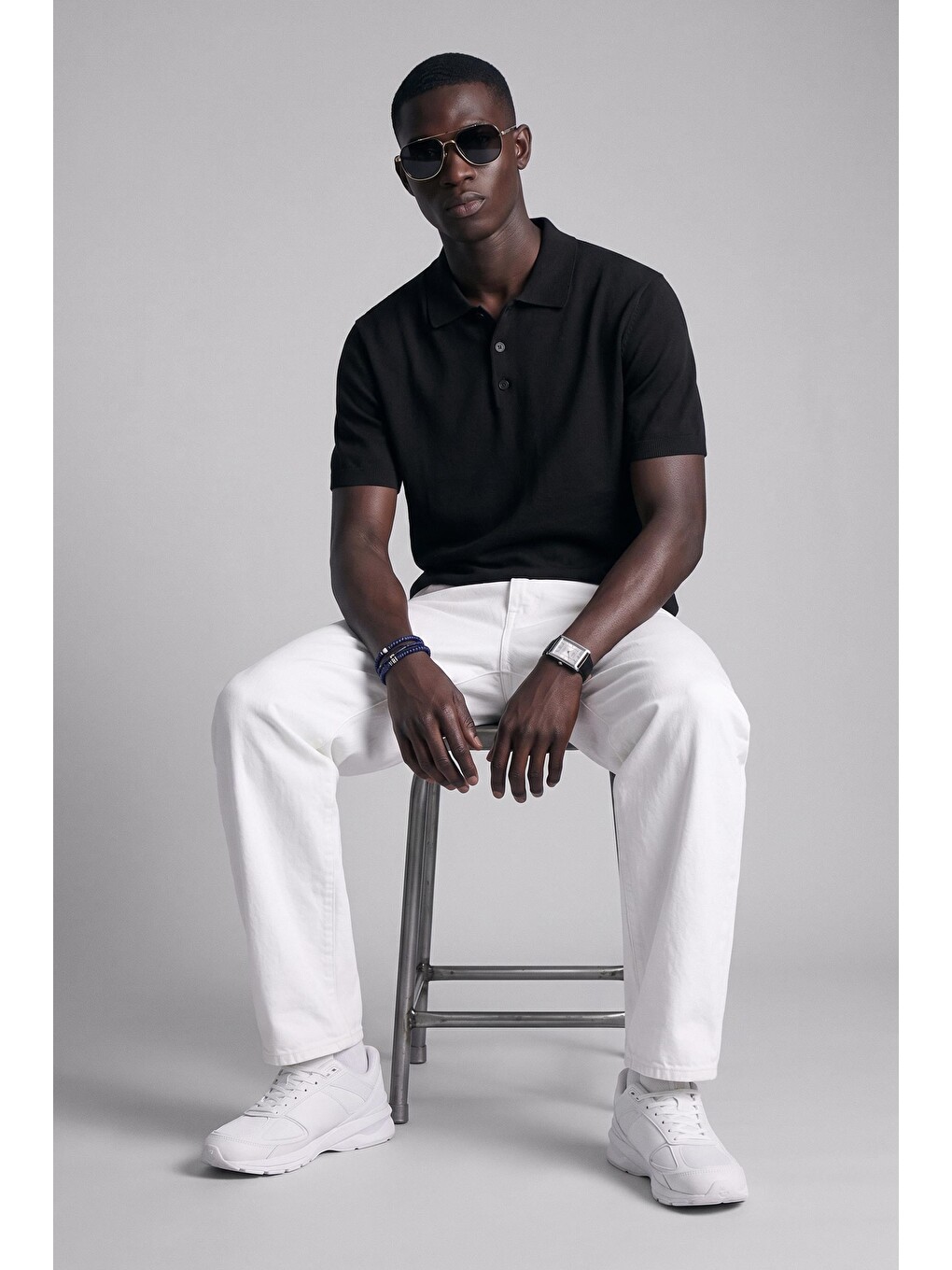 Erkek Relaxed Fit Dökümlü Polo Yaka Triko T-shirt Siyah-3