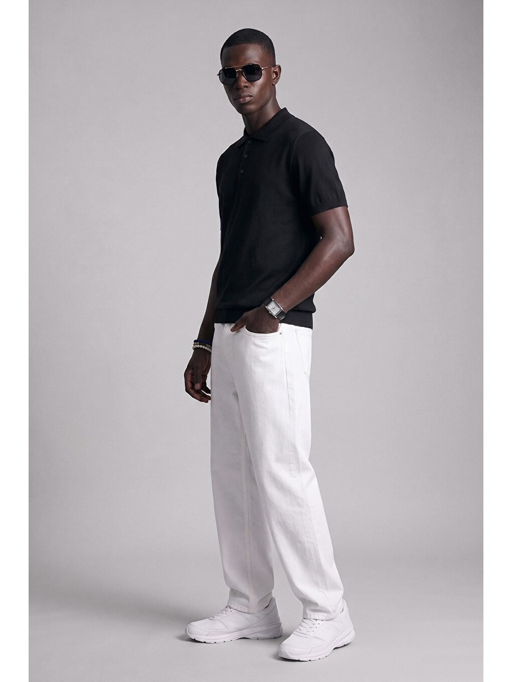 Erkek Relaxed Fit Dökümlü Polo Yaka Triko T-shirt Siyah-4