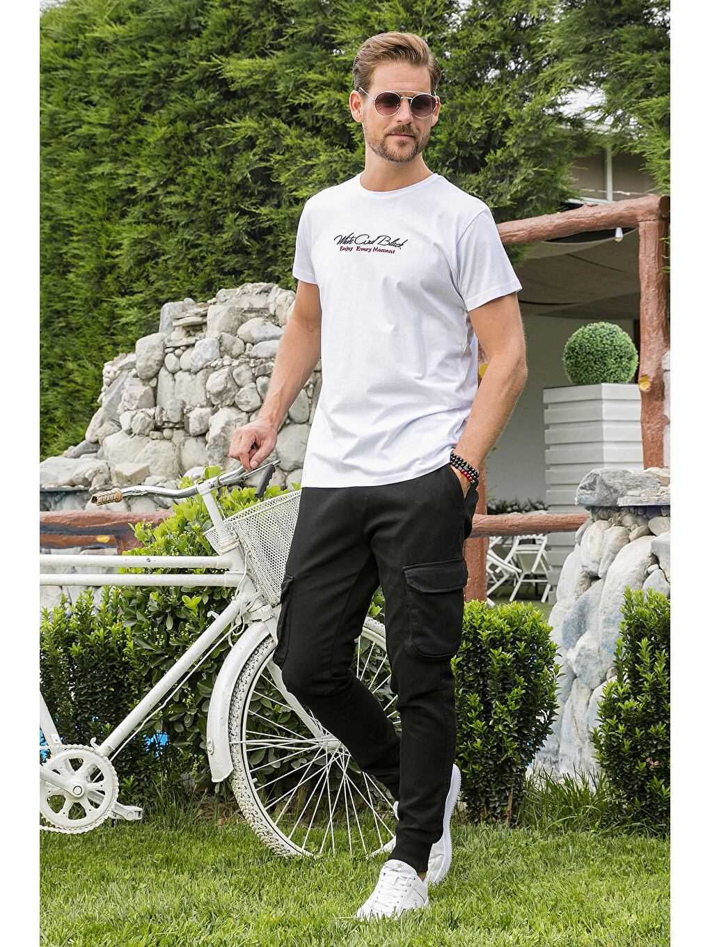 Beyaz Baskılı Bisiklet Yaka % 100 Pamuk Slim Fit Erkek T Shirt 541enjoy-1