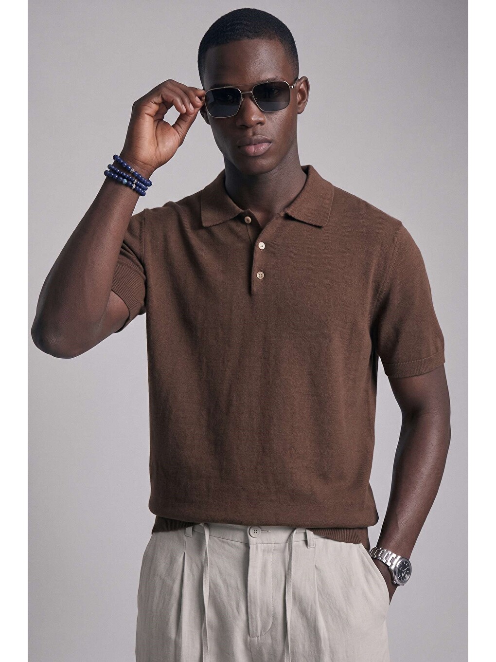 Erkek Relaxed Fit Dökümlü Polo Yaka Triko T-shirt Kahverengi-2