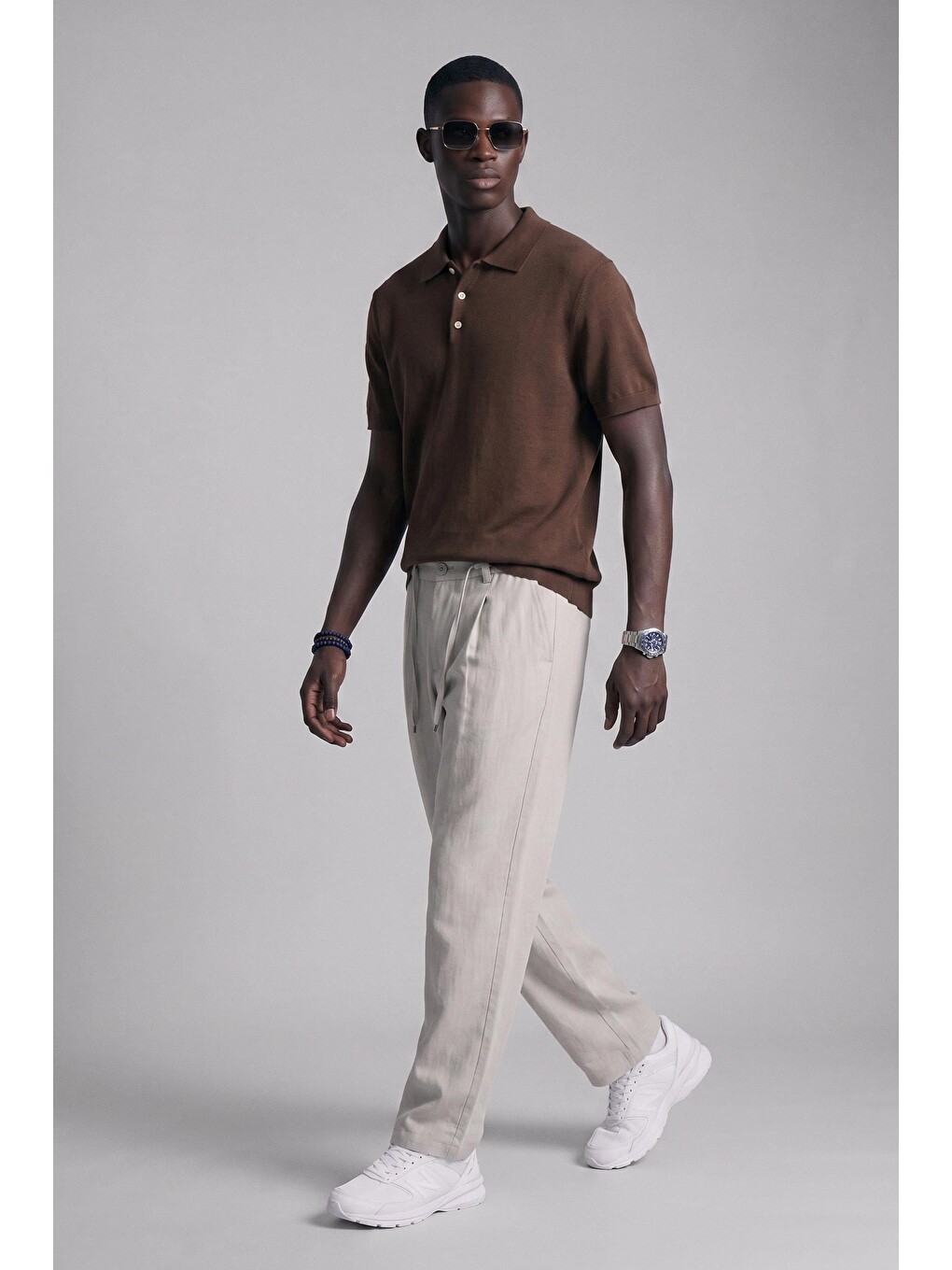 Erkek Relaxed Fit Dökümlü Polo Yaka Triko T-shirt Kahverengi-3