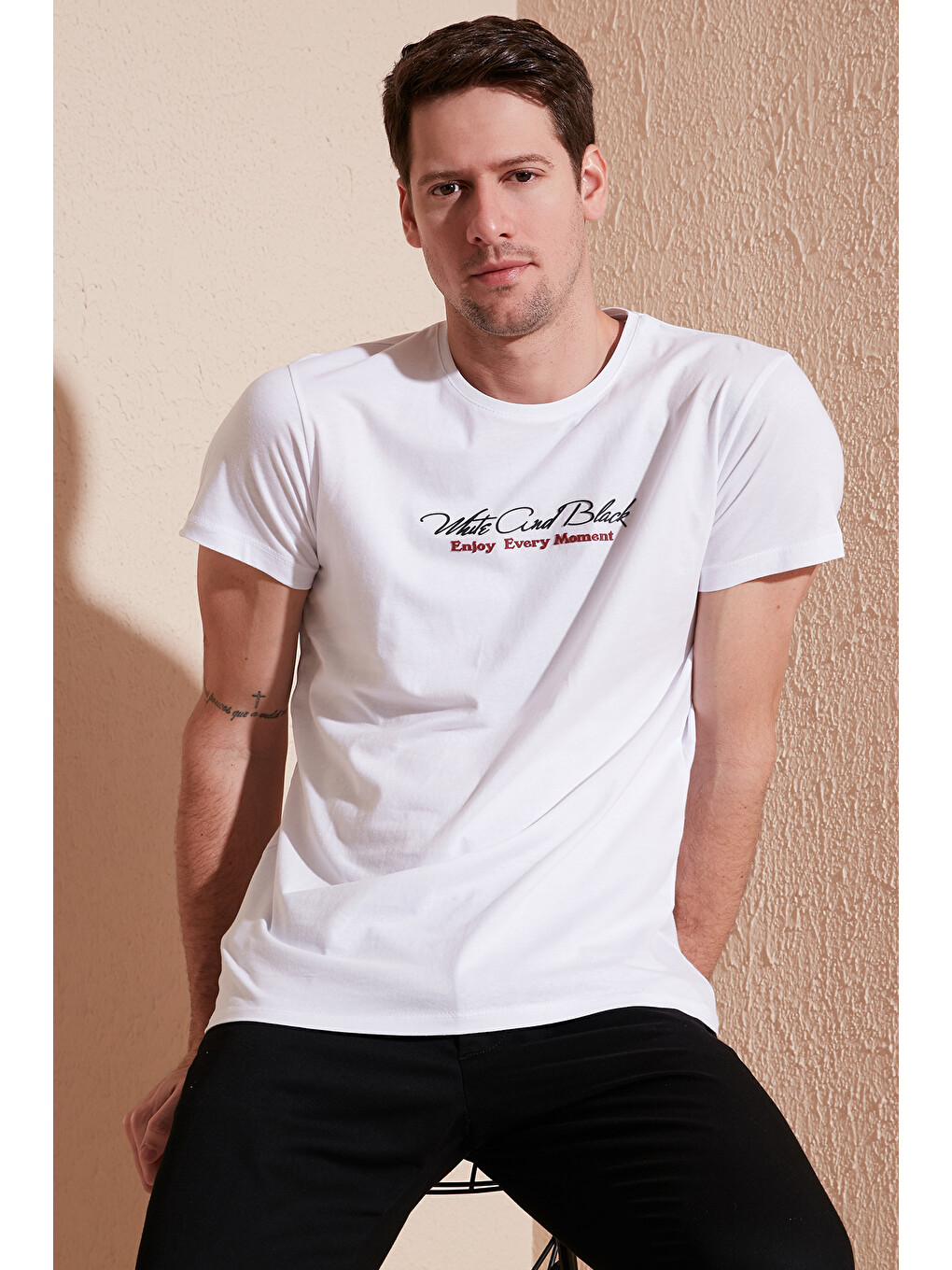 Beyaz Baskılı Bisiklet Yaka % 100 Pamuk Slim Fit Erkek T Shirt 541enjoy-2