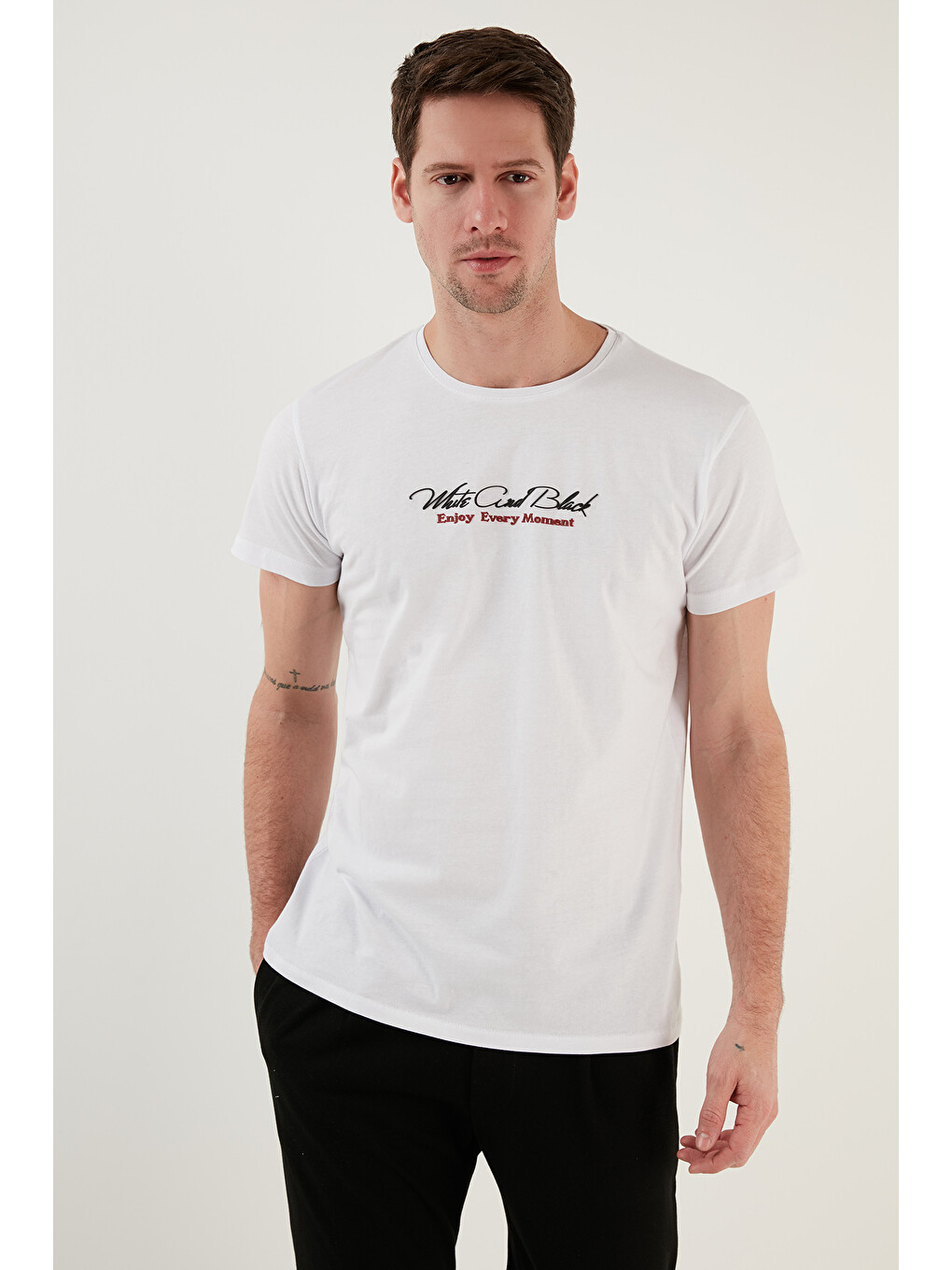 Beyaz Baskılı Bisiklet Yaka % 100 Pamuk Slim Fit Erkek T Shirt 541enjoy-3